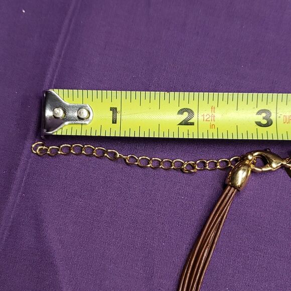 Lia Sophia Signed Gold Tone Brown Cord Amber Teardrop Glass Pendant Necklace - Picture 8 of 11